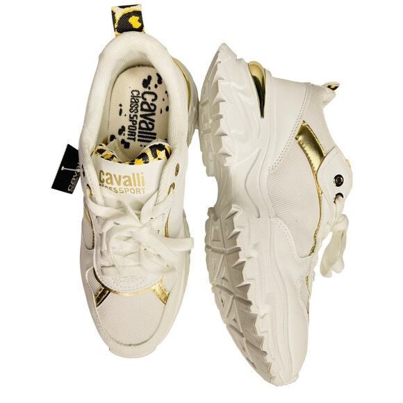 Cavalli class womens Chunky sneakers size 39 white/gold/leopard New - Picture 4 of 9